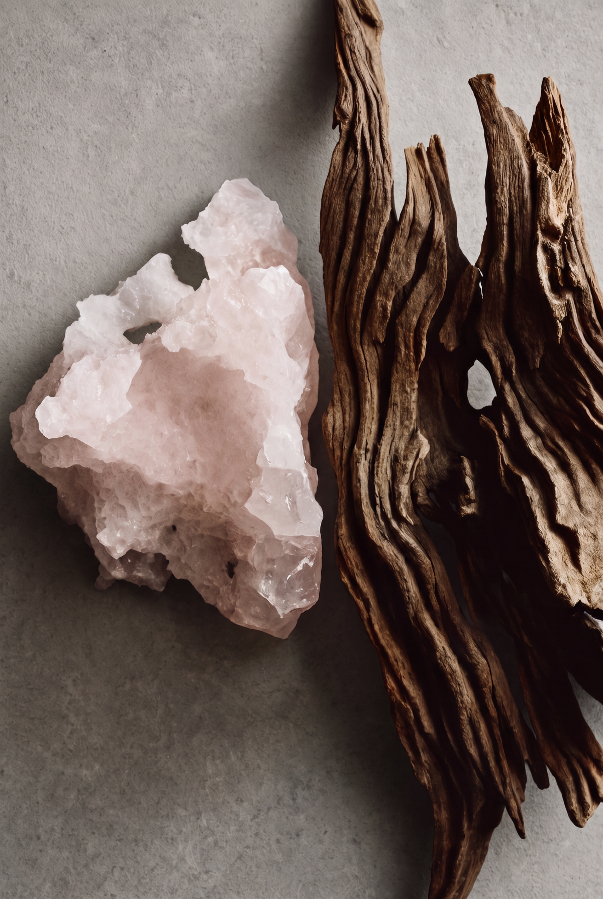 A raw rose quartz crystal cluster sits next to a piece of dark, textured texas oakwood on a neutral gray surface.